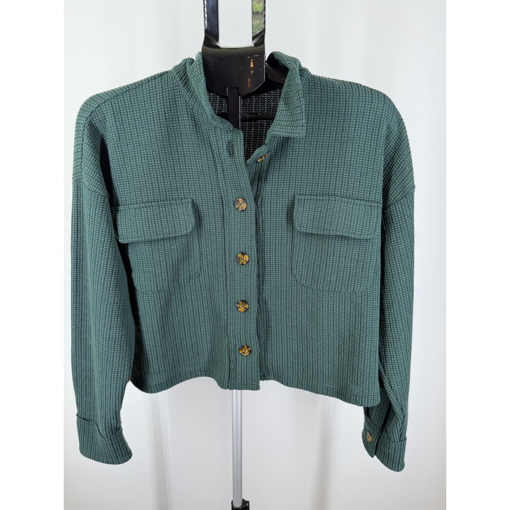 All in Love Womens Green Waffle Knit Button Down Cropped Shacket Jacket Size M